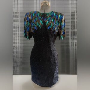 Vintage Beaded Dress Sequin Peacock, 100% Silk Cocktail Mini Size Petite Large